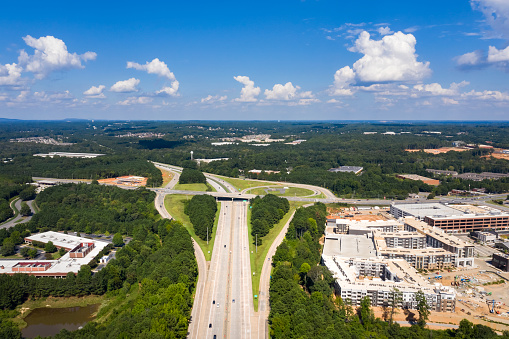 Aerial view new Mall construction in Atlanta suburbs next to highway