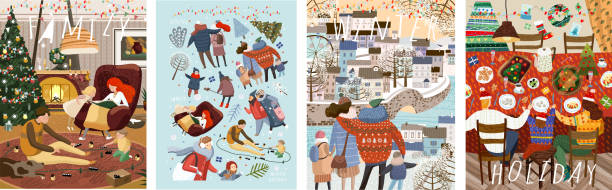 Winter family holidays. Cute vector illustration of a family at a table for dinner or lunch in the New Year and Christmas, for a walk in the city and at home in a cozy living room. Drawings for card Winter family holidays. Cute vector illustration of a family at a table for dinner or lunch in the New Year and Christmas, for a walk in the city and at home in a cozy living room. Drawings for card family christmas stock illustrations