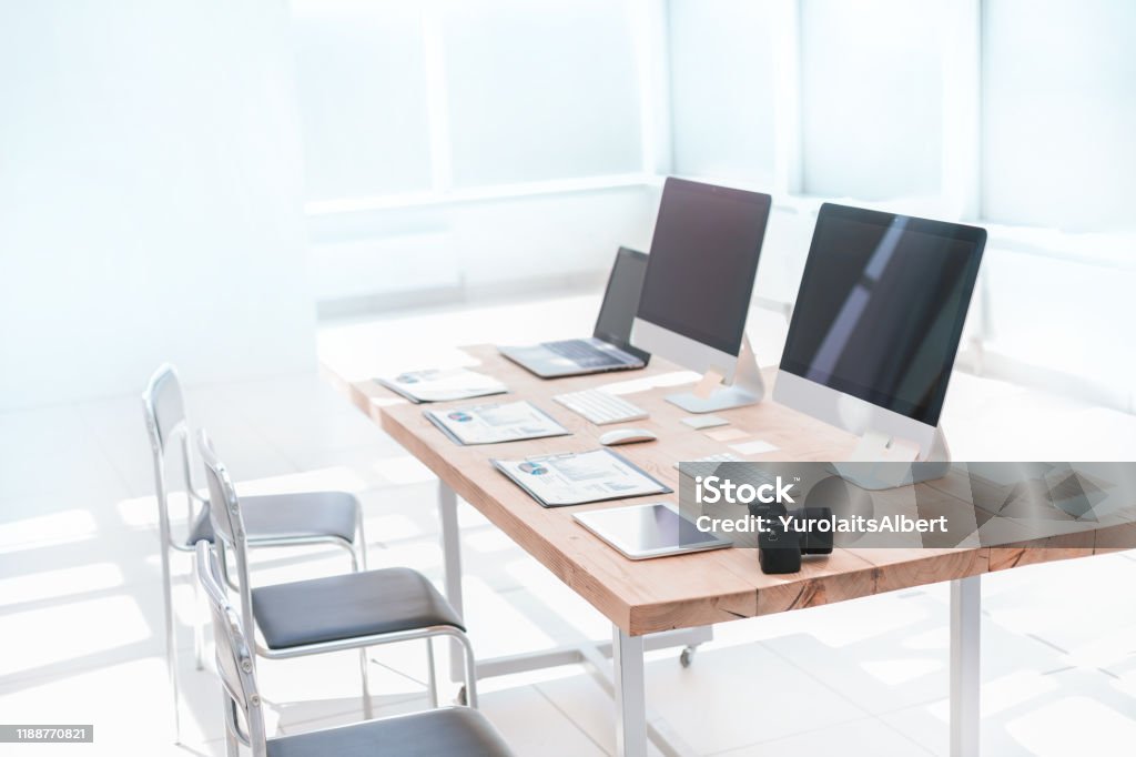 Computer Empty Document Computers And Documents On A Desk In An Empty Office Stock Photo ...