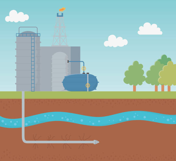illustrazioni stock, clip art, cartoni animati e icone di tendenza di serbatoi processo gas esplorazione fracking - fracking exploration gasoline industry