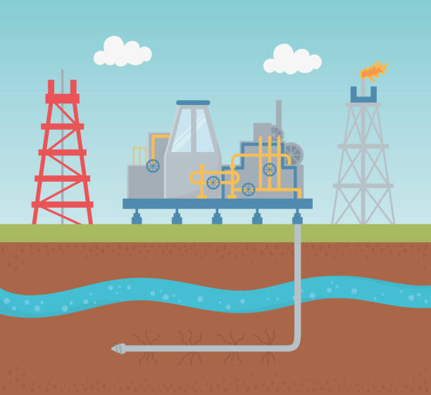 illustrazioni stock, clip art, cartoni animati e icone di tendenza di pompa dell'olio con fracking di esplorazione del processo di estrazione del serbatoio - fracking exploration gasoline industry