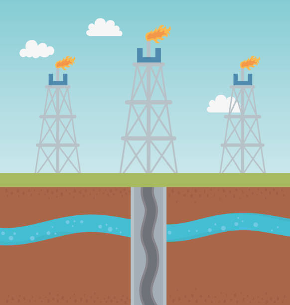 газовый завод промышленности процесс разведки гидроразрыва пласта - fracking exploration gasoline industry stock illustrations