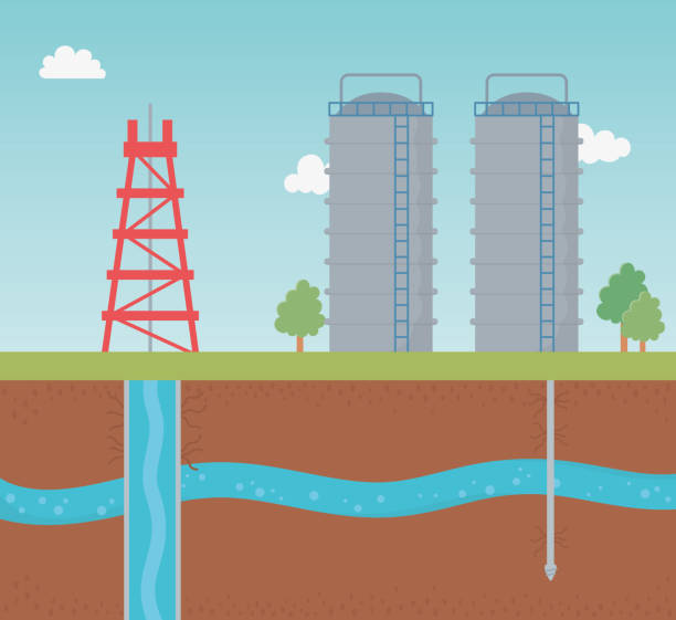 illustrazioni stock, clip art, cartoni animati e icone di tendenza di processo di stoccaggio di torri e serbatoi esplorazione fracking - fracking exploration gasoline industry