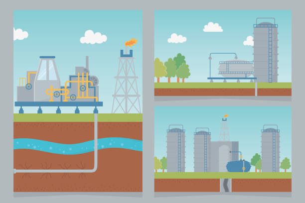 illustrazioni stock, clip art, cartoni animati e icone di tendenza di industria dello stoccaggio esplorazione processo petrolifero fracking - fracking exploration gasoline industry