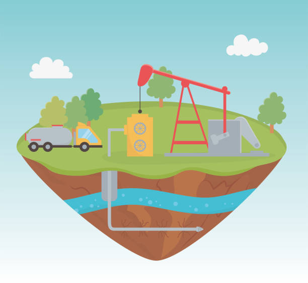 illustrazioni stock, clip art, cartoni animati e icone di tendenza di pompa camion processo di esplorazione fracking - fracking exploration gasoline industry