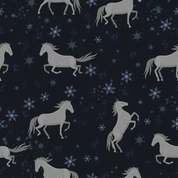 Vector illustration of Seamless pattern with gray horses and snowflakes. Vector graphics.