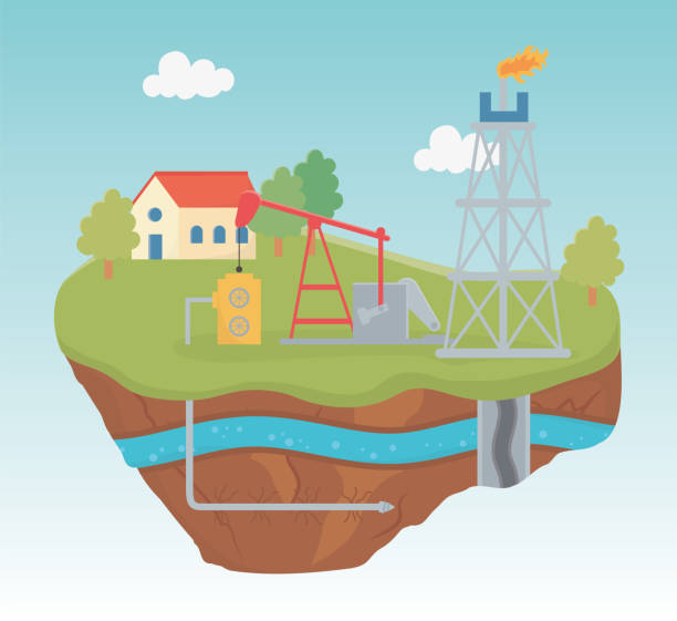 illustrazioni stock, clip art, cartoni animati e icone di tendenza di raffineria pompa processo di esplorazione fracking - fracking exploration gasoline industry