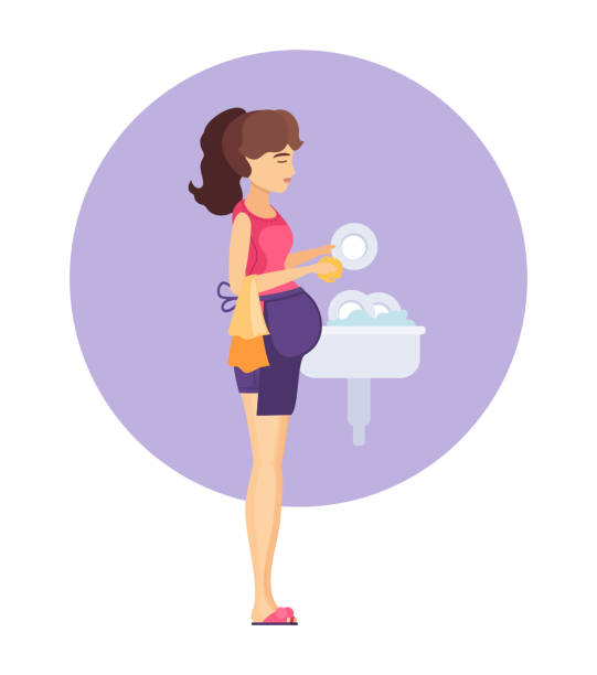 Pregnant Woman House Work Washing Dishes In Kitchen Tap Stock Illustration  - Download Image Now - iStock