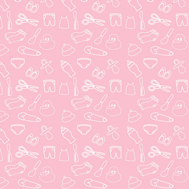 Seamless pattern with baby accessories for baby girls Seamless pattern with baby accessories for baby girls.Vector illustration. Can easily change background colors and can do any changes to each item. great for wrapping papers, backgrounds or any design. doodle stock illustrations