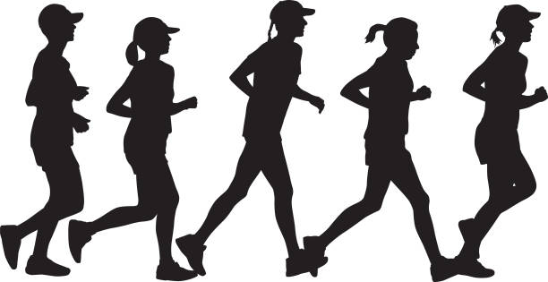 ilustrações de stock, clip art, desenhos animados e ícones de five women running together silhouette - silhouette running cap hat