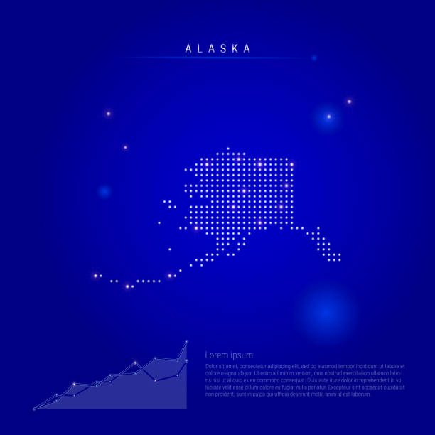 Alaska US state illuminated map with glowing dots. Dark blue space background. Vector illustration Alaska US state illuminated map with glowing dots. Infographics elements. Dark blue space background. Vector illustration. Growing chart, lorem ipsum text. alaska us state stock illustrations