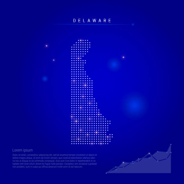 Delaware US state illuminated map with glowing dots. Dark blue space background. Vector illustration Delaware US state illuminated map with glowing dots. Infographics elements. Dark blue space background. Vector illustration. Growing chart, lorem ipsum text. delaware us state stock illustrations