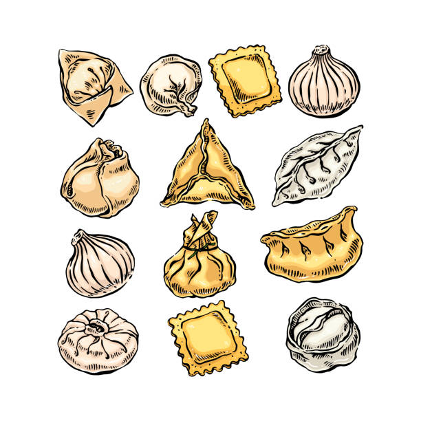 Set of different dumplings Set of different dumplings. Hand drawn illustration russian pelmeni stock illustrations