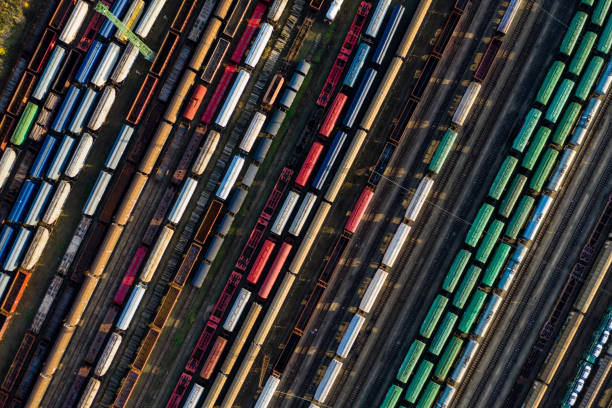 istock Top view of colorful cargo trains. 1188797273