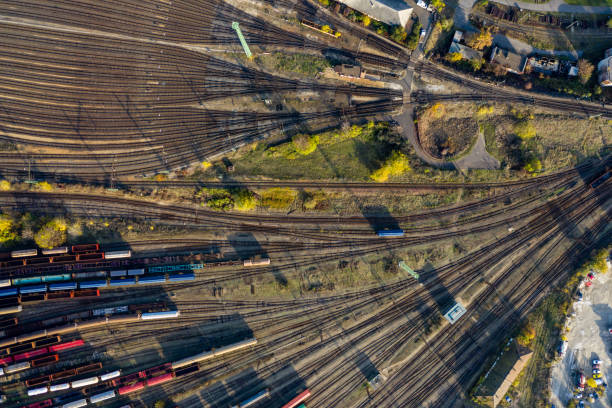 istock Top view of colorful cargo trains. 1188797279