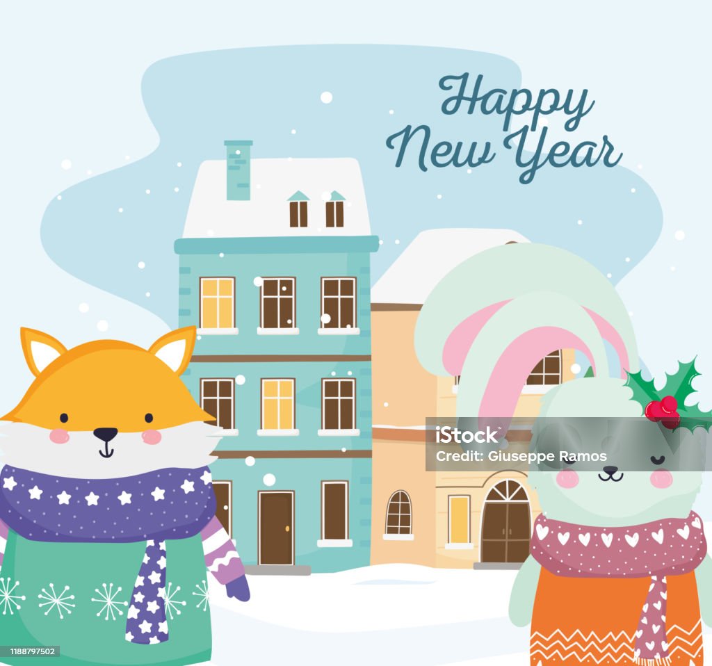 Happy New Year 2020 Celebration Cute Fox And Rabbit Houses Snow ...