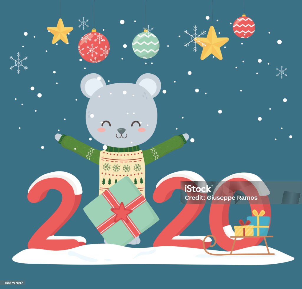 Happy New Year 2020 Celebration Cute Bear With Sweater Gift Stars ...
