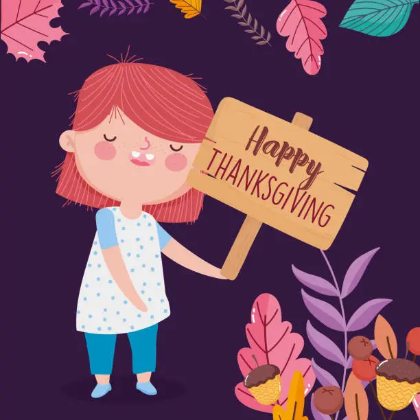 Vector illustration of happy thanksgiving day cute girl holding wooden sign