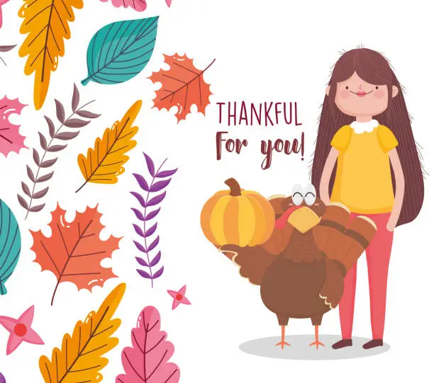 Vector illustration of happy thanksgiving day woman with turket and pumpkin