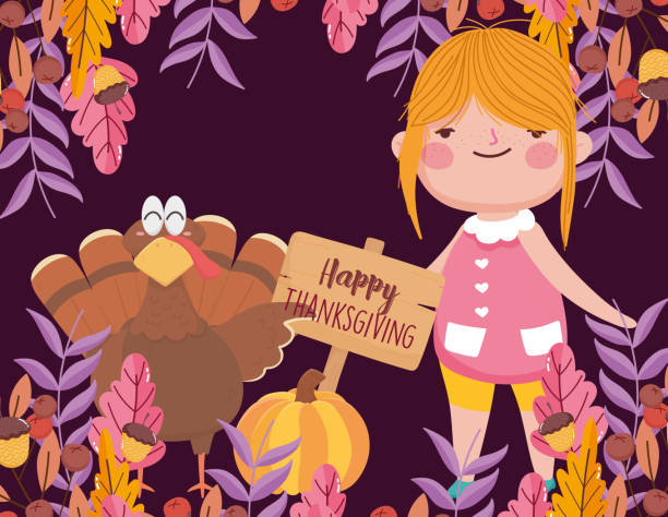 행복 한 감사 수감사절 귀여운 소녀 칠면조 호박 장식 - thanksgiving pilgrim turkey little girls stock illustrations