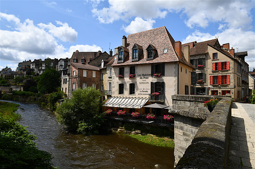 Aubusson, France-07 28 2019: Aubusson is located in the heart of France, in the department of Creuse, in the Limousin region.Aubusson is well known for its tapestry and carpets, which have been famous throughout the world since the 14th century. Its origins were born with the arrival of weavers from Flanders, who took refuge in Aubusson around 1580.