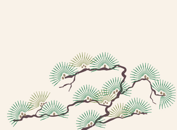 ilustrações, clipart, desenhos animados e ícones de ilustração retro tradicional japonesa do estilo do fundo do vetor do teste padrão da árvore de pinho - beige background ilustrações