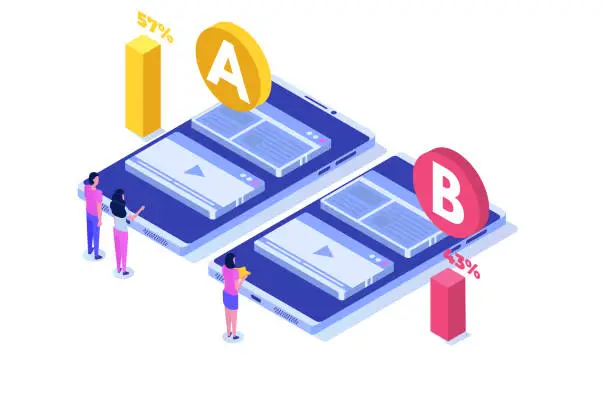 Vector illustration of A-B comparison. Split testing isometric concept. Vector illustration.