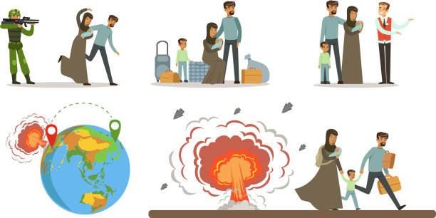 ilustraciones, imágenes clip art, dibujos animados e iconos de stock de refugiados que escapan de la guerra hacia el país anfitrión - bomb exploding vector problems