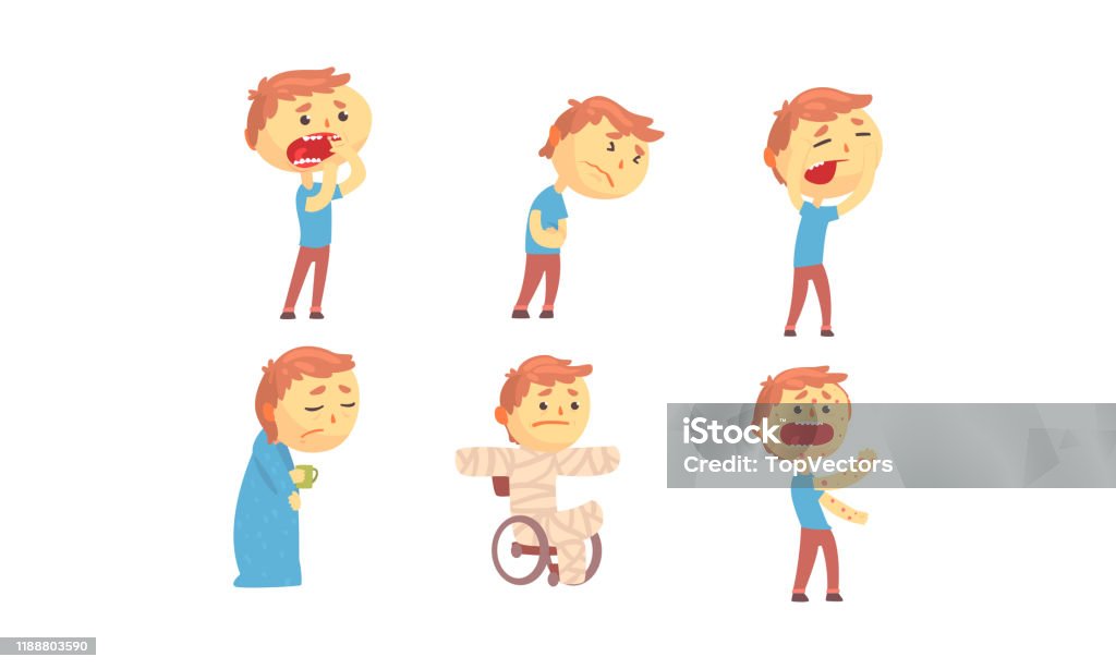 Sick Visual Sick Kid Character Suffering From Chickenpox And Stomachache Vector Set ...