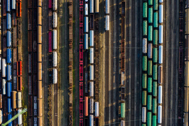 istock Top view of colorful cargo trains. 1188804690
