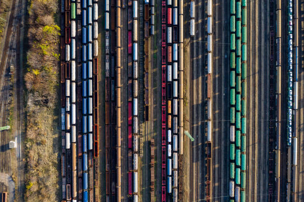 istock Top view of colorful cargo trains. 1188804693