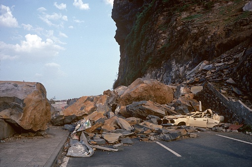 Spain (exact location unfortunately not known), 1981. Rockfall on a Spanish highway.