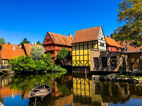 Beautiful houses by a river in Aarhus, Denmark - Den Gamle By