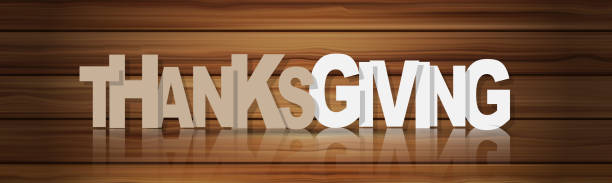 istock Thanksgiving website header or newsletter advertisement banner. Upright standing letters on wooden rustic surface with reflection. Traditional american holiday design concept. Vector illustration. 1188812771