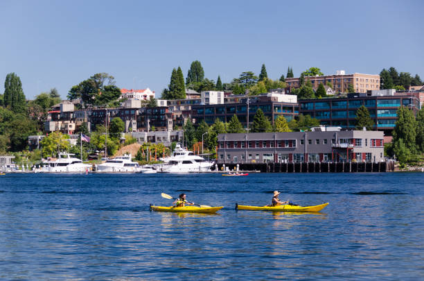 Two kayakers on Lake Union in Seattle, WA stock photo