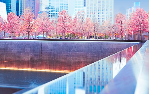 Colorized photo of Reflecting Pool Memorial at One World Trade Center in New York City Financial District