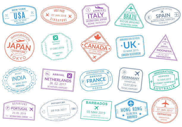 reisepass-stempel-set. visa-briefmarken für reisen. internationaler flughafen-zeichen. einwanderungs-, ankunfts- und ausreisesymbole mit verschiedenen städten und ländern. vektor-illustration. - mid atlantic bundesstaaten der usa stock-grafiken, -clipart, -cartoons und -symbole