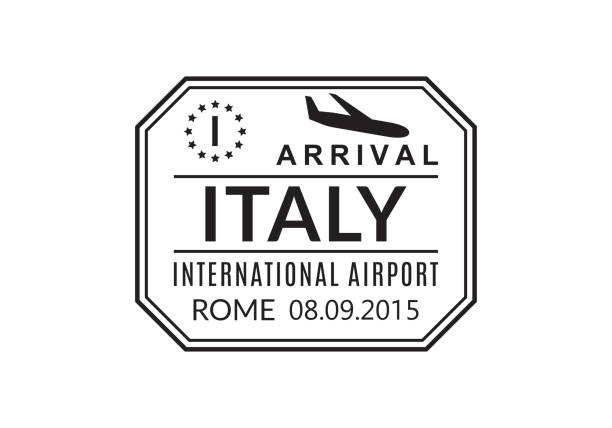 italien pass-stempel. visa-stempel für reisen. rom internationalen flughafen zeichen. einwanderungs-, ankunfts- und abreisesymbol. vektor-illustration. - ankunfts und abfahrtstafel stock-grafiken, -clipart, -cartoons und -symbole