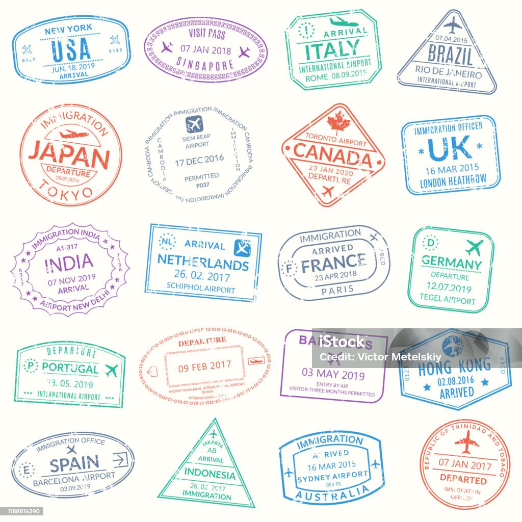 Pasaport damgası seti. Seyahat için vize pulları. Uluslararası havaalanı grunge işareti. Farklı şehirler ve ülkeler ile göç, varış ve gidiş sembolleri. Vektör illüstrasyon. - Royalty-free Pasaport Damgası Vector Art