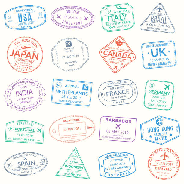pasaport damgası seti. seyahat için vize pulları. uluslararası havaalanı grunge işareti. farklı şehirler ve ülkeler ile göç, varış ve gidiş sembolleri. vektör illüstrasyon. - japan spain stock illustrations