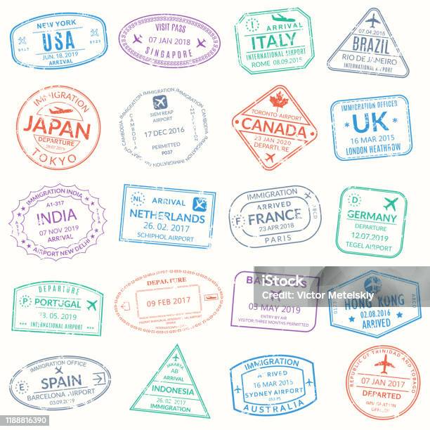 Passport Stamp Set Visa Stamps For Travel International Airport Grunge Sign Immigration Arrival And Departure Symbols With Different Cities And Countries Vector Illustration Stock Illustration - Download Image Now