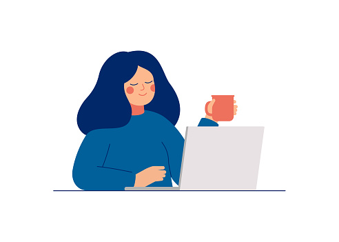 Young teenage woman uses laptop for work or chatting with friends. Daily life of office employee, creative freelance worker or writer. Flat cartoon vector illustration.