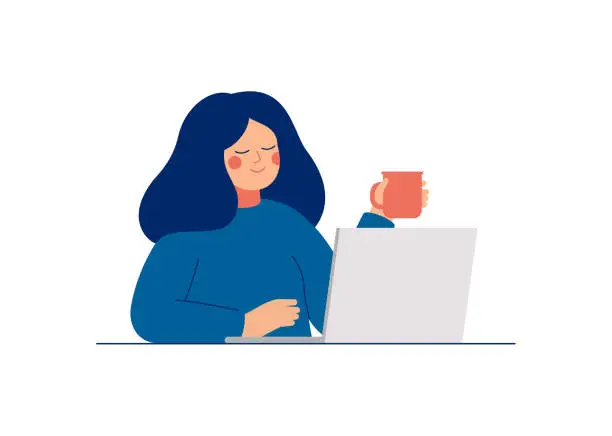 Vector illustration of Young teenage woman uses laptop for work or chatting with friends.