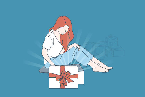 Gift , surprise satisfaction concept Gift unpacking, surprise satisfaction concept. Opening gift boxes, Bday mood, expectation rejoicing, glad birthday girl with packed presents pile, happy young woman. Simple flat vector impatient woman stock illustrations