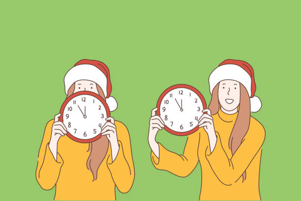 New year, Christmas, time, holiday eve concept New year, Christmas, time, holiday eve concept. Joyful, happy teen girl in Santa hat is holding watch, five minutes to midnight. Young woman, lady in good mood waiting for the fun. Flat simple vector. its almost time stock illustrations