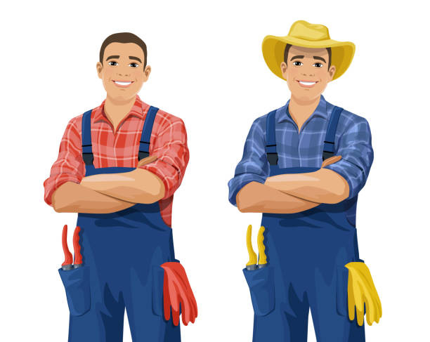 Farmer isolated set Cartoon farmer wearing checkered shirt, overall and hat stands with arm crossed. Smiling gardener with work gloves and hand pruners in his pocket. Vector illustration isolated on the white background. man cross arms stock illustrations