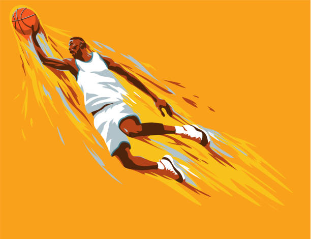 Black basketball player thrusts the ball forcefully down through the basket Basketball player who throws the ball in a jump on paint splashes background the black ball stock illustrations