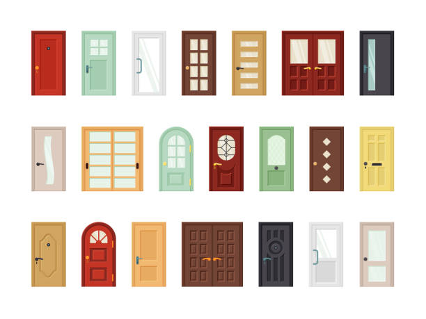 stockillustraties, clipart, cartoons en iconen met gedetailleerde voor deuren platte vector icons set - deur