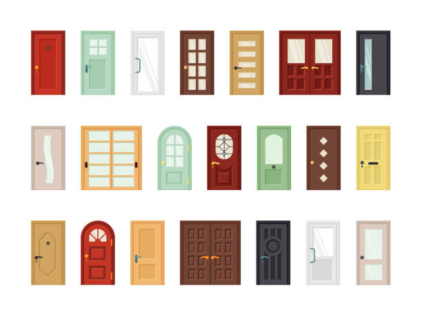 Detailed front doors flat vector icons set Detailed front doors flat vector icons set. Room, office doorway. Cartoon closed contemporary doors isolated on white background collection. Color house entrances modern design. Exterior elements entrance stock illustrations