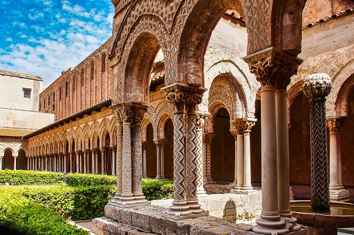 The courtyard of Monreale cathedral of Assumption, Sicily, Italy.